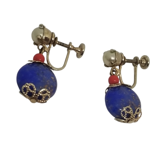 BARCLAY VINTAGE 1950s FAUX LAPIS LAZULI & PEARL DROP SCREW BACK STYLE EARRINGS - Picture 5 of 6